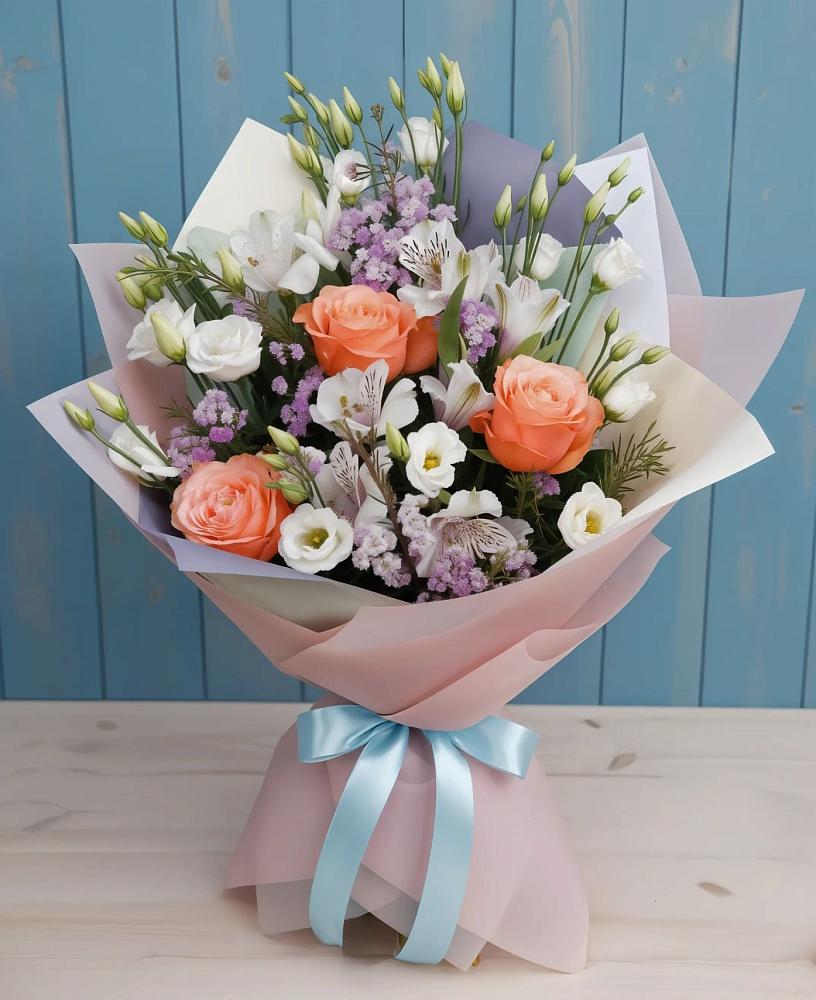 Букет Утренняя свежесть в Янтарном Букет цветов из: Лизиантусы, Розы, Альстромерии и Гипсофила в Янтарном