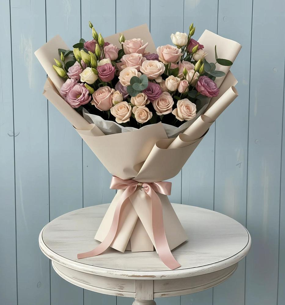 Букет бодрость в Янтарном Букет цветов из: Розы и Лизиантусы в Янтарном