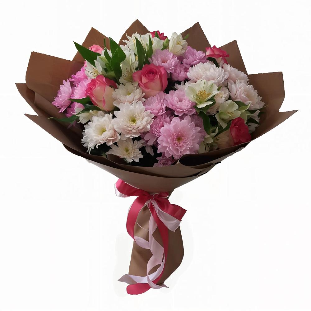 Букет цветов из: Хризантемы, Альстромерии и Розы в Янтарном